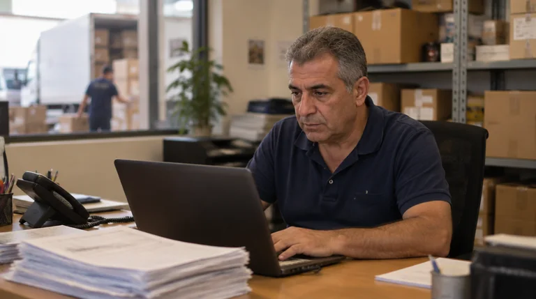 מנהל משרד בחברת הפצה קטנה עובד מול מחשב נייד ליד ערימת חשבוניות
