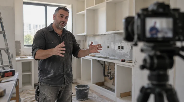 קבלן שיפוצים מסביר מול מצלמה במטבח באמצע שיפוץ עם צנרת חשופה