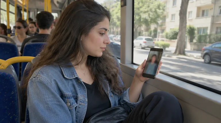 צעירה צופה בסרטון קצר ואנכי בטלפון בזמן נסיעה באוטובוס