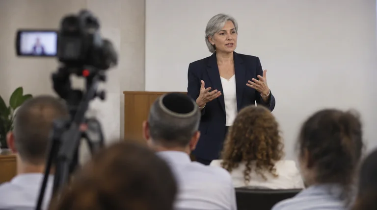 מרצה מדברת בכנס עסקי קטן ומצלמה על חצובה מצלמת אותה מקדימה