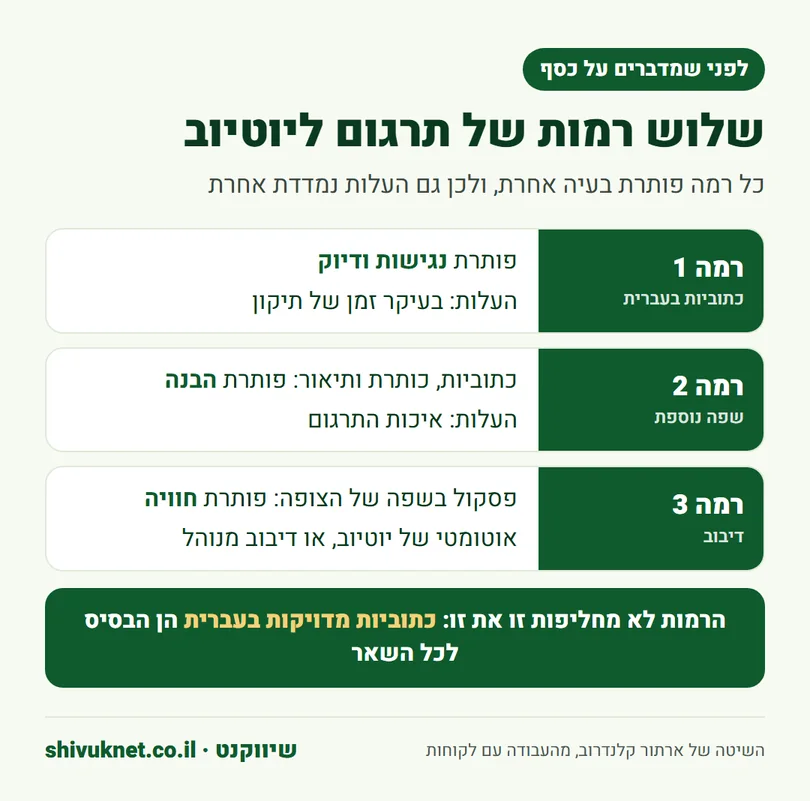 שלוש רמות של תרגום סרטון ליוטיוב: כתוביות בעברית, שפה נוספת ודיבוב
