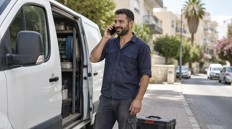 אינסטלטור עונה לשיחה מלקוח ליד רכב השירות שלו ברחוב מגורים