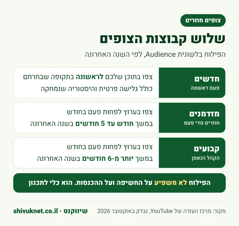 ההגדרות של צופים חדשים, מזדמנים וקבועים בלשונית Audience ביוטיוב