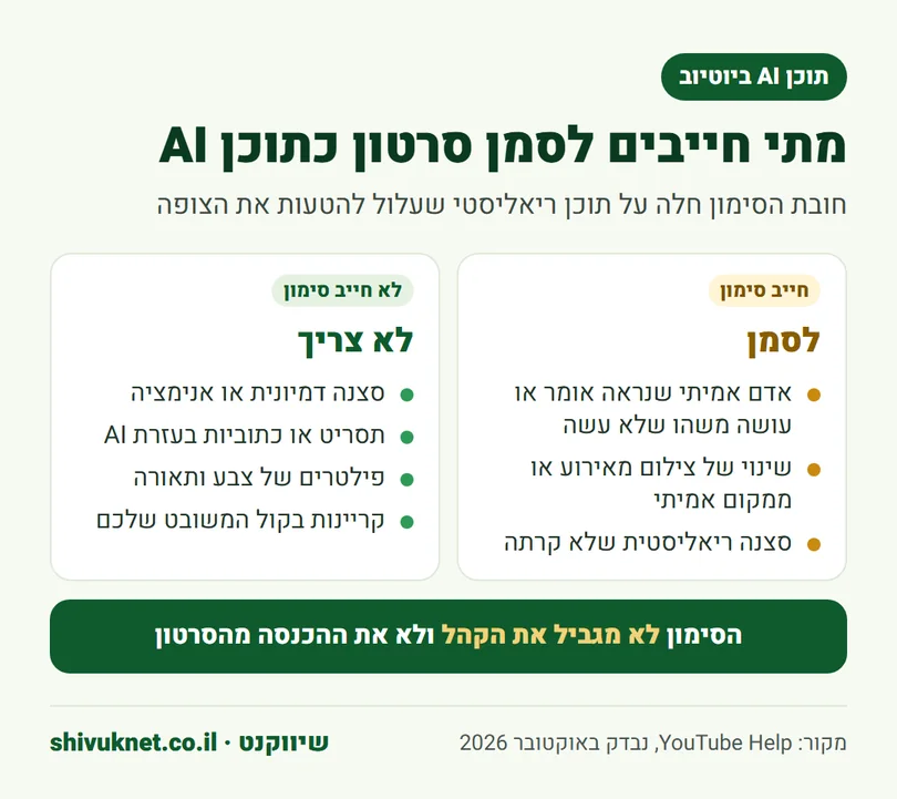 מתי יוטיוב מחייב לסמן סרטון כתוכן שנוצר או שונה בבינה מלאכותית ומתי לא