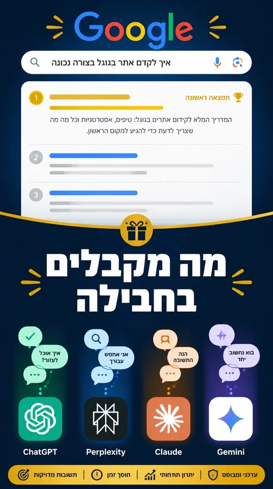 תקציר חזותי של מה כלול בחבילת קידום אתרים — קידום אורגני בגוגל ובמנועי AI