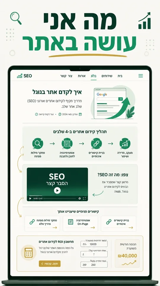 תקציר חזותי של עבודת קידום אתרים בתוך האתר — מאמרים, אינפוגרפיקות, קישורים פנימיים