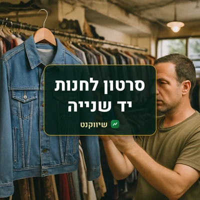 סרטון לחנות יד שנייה: בעל החנות מצלם בטלפון מעיל ג׳ינס תלוי על קולב בין מתלי בגדים