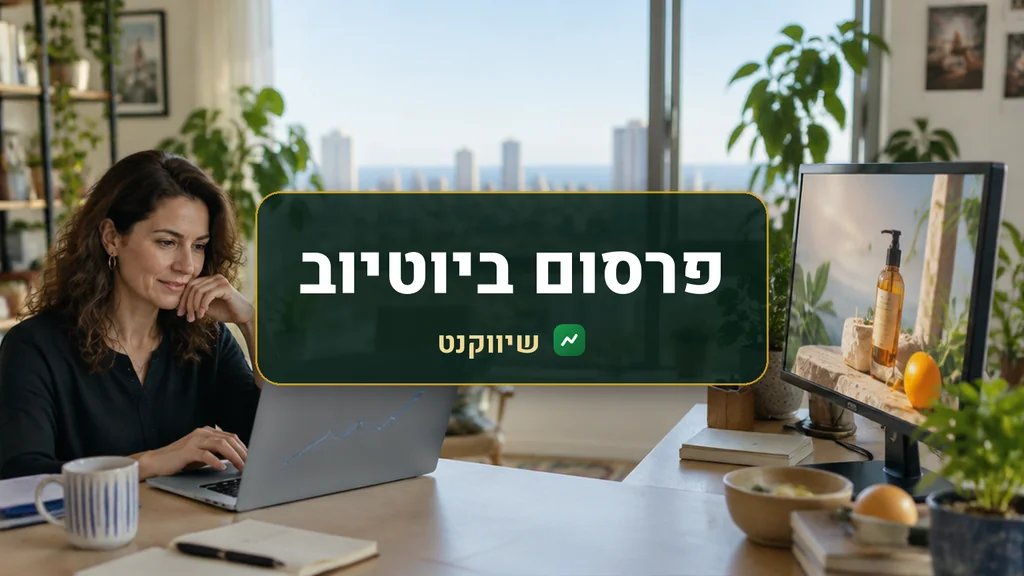 מנהלת שיווק בודקת קמפיין פרסום ביוטיוב במחשב, ולצידה מסך שמציג סרטון פרסומת